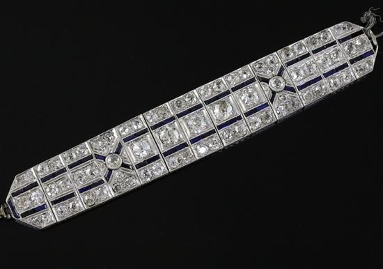 A 1930s/1940s pierced platinum?, synthetic sapphire and diamond set bracelet (a.f.),